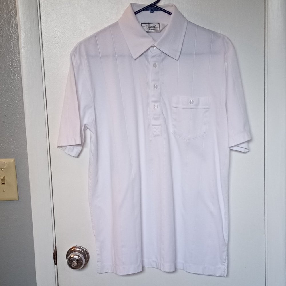 CLASSICS by PALMLAND MEN'S SHORT SLEEVE WHITE w/WHITE LINES POLO SHIRT Size M 15